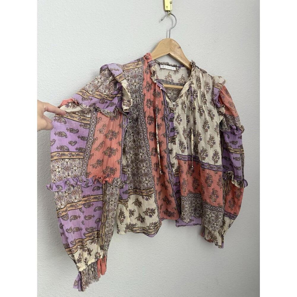 Karlie Patchwork Floral Peasant Blouse in Coral, Lavender & Cream - Picture 4 of 7